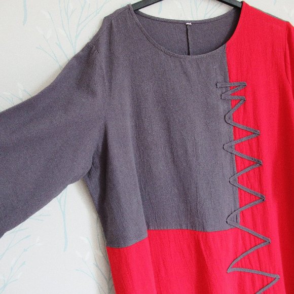 Red Grey White Dress Lagenlook Tunic Style Top Stitched Zig Zag Detail 18 / 20 - Picture 4 of 5